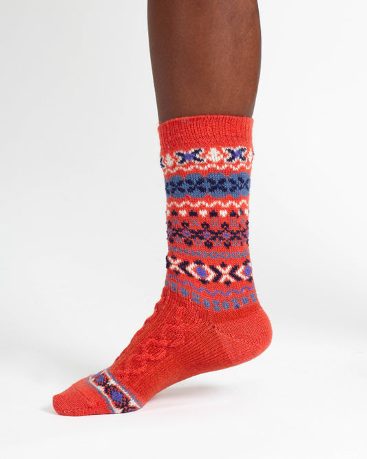 Cable Fairisle Wollsocken Orange (Gr. 4-7)