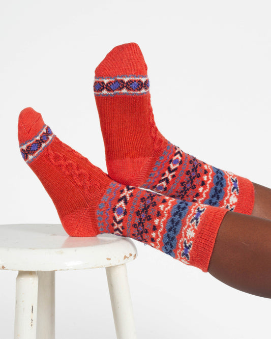 Cable Fairisle Wollsocken Orange (Gr. 4-7)