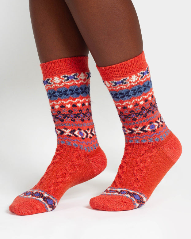 Cable Fairisle Wollsocken Orange (Gr. 4-7)