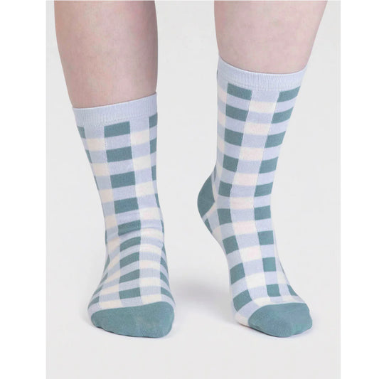 Gingham Check Bio-Baumwollsocken Ice Blue (Gr. 4-7)